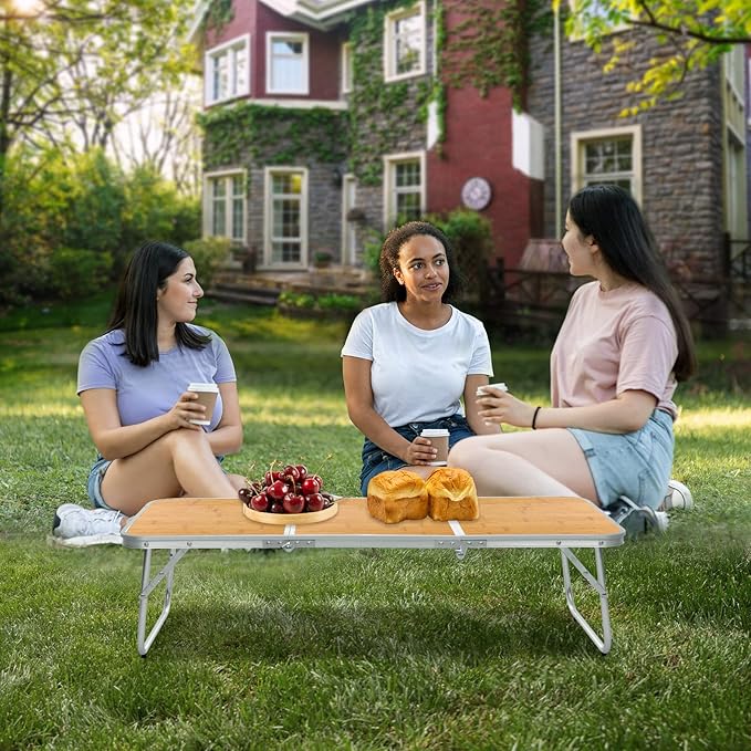 Moosinily Mini Small Camping Table 3FT Folding Picnic Table Foldable Low Camp Table Portable Short Aluminum Outdoor Short Floor Beach BBQ Yellow 35.2×15.7 inch