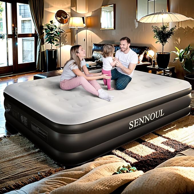 SENNOUL Air Mattress Queen with Built in Pump - Upgraded Blow Up Bed,2 Mins Quick Self Inflatable and Deflate, 18"/650lbs Max, Strong Support, Flocked Top, Puncture Resistant, for Camping,Home,Guests