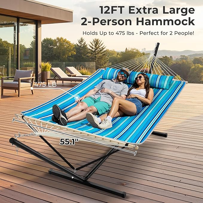 SUPERJARE 12ft Double Hammock with Stand, Rope Hammock for 2 Person, Detachable Hammock Bed and Pillow, Portable, Anti-Tip Safety Ropes, Carry Bag, Outdoor Backyard Patio, Turquoise Green Stripes