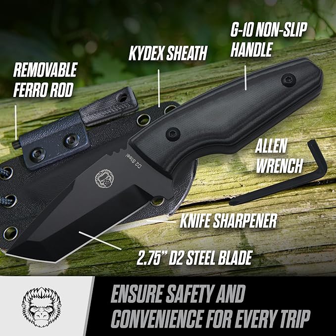 Holtzman's Gorilla Survival Tanto Fixed Blade Neck Knife with Kydex Sheath & Ferro Rod (Black) - Ideal for Outdoor Activities and Everyday Carry