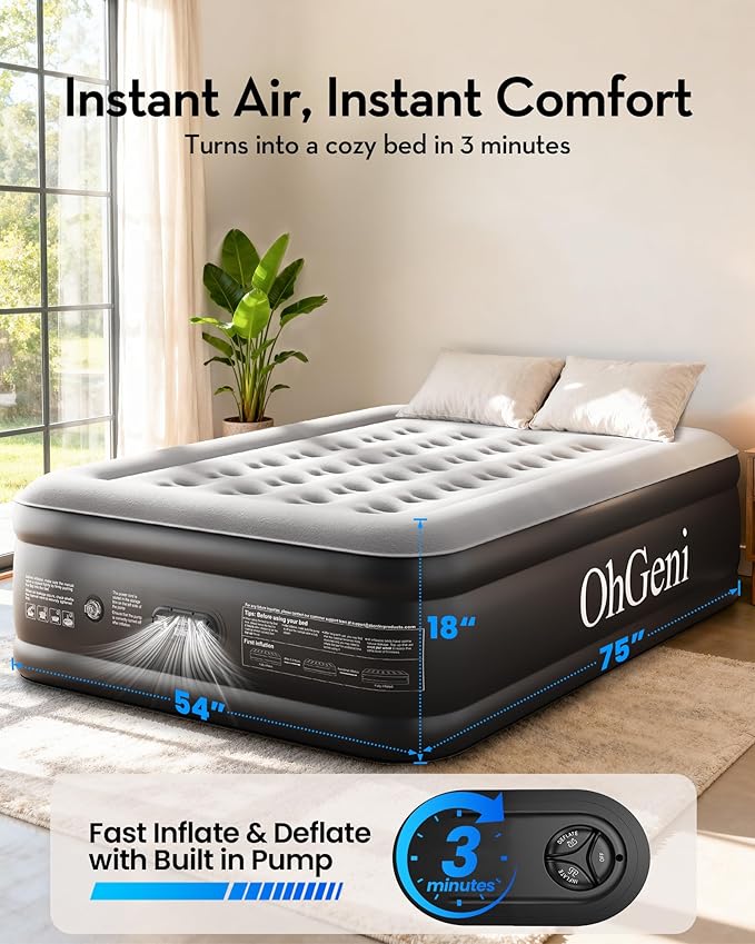 OhGeni Air Mattress Full with Built in Pump, 18" Raised Inflatable Blow up Mattress, Family Choice Award Winner, Portable Foldable Bed with Upgraded Surface for Home & Camping, 600 lbs