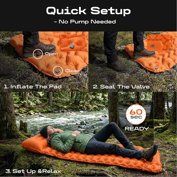CKG Camping Sleeping Pad with Thermal Barrier, Ultralight Camping Mat 4in Thick with Pillow, Built-in Foot Pump Inflatable Sleeping Pad for Hiking Tent Road Trip Car Camp Travel Gear, Orange