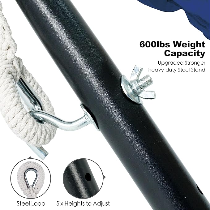 Gafete Double Hammock with Stand for Outside, Upgraded Spreader Bar, Heavy Duty Space Saving Steel Stand 2 Person, Side Pockets, Easy Assembly, 600lbs Weight Capacity, Indoor & Outdoor (Navy Blue)