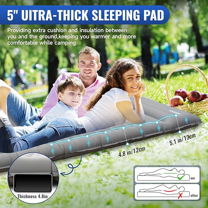 KASIMO Double Sleeping Pad for Camping,5" Ultra-Thick 1.4x2M for 2 Person with Pillow Built-in Foot Pump Inflatable Sleeping Mat for Backpacking, Hiking, Traveling, Tent, Portable Camping Mat