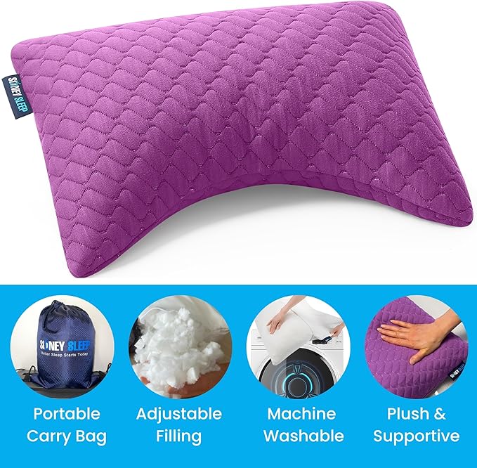Sidney Sleep Mini Travel Size Neck Pillow - Knee, Back Lumbar and Support - Small Curved Pillow - Adjustable Loft - Washable Cover - Drawstring Backpack Included - 14 x 19 Inches (Mini -Magenta)