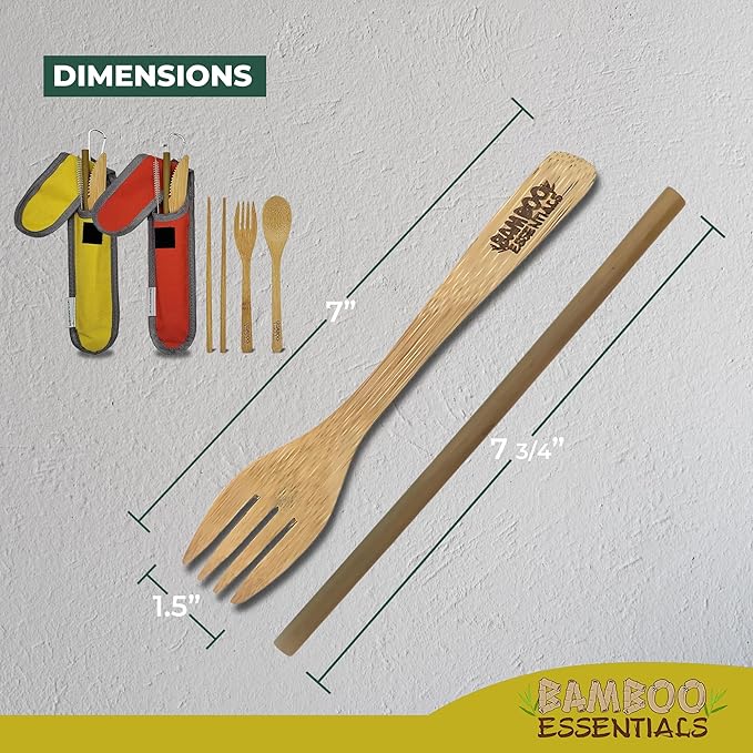 Travel Utensils with Case Set Fork, Knife, Spoon, Chopsticks, Straw, Straw-cleaning brush, Travel Pouch and Carabiner, Excellent For Everyday Use! ((2 Sets) Sunset Red/Sunrise Yellow)