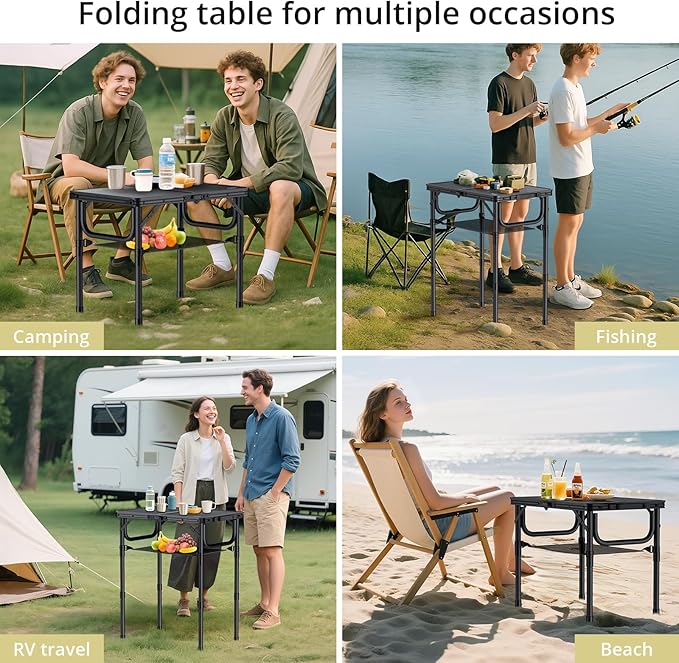 Anbte Folding Camping Table with Storage Net, Pure Black Aluminum 2ft Picnic Table 23.2" x 16" Outdoor Table Adjustable Height Max 27.5", Lightweight, Waterproof, Portable Handle for Travel Cooking