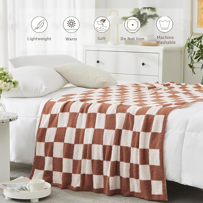 WRENSONGE Checkered Throw Blanket, Autumn Leaf Orange Soft Cozy Fluffy Warm Hand Made Throw Blankets for Couch, Sofa, Chair, Bed, Camping, Picnic, Travel Lightweight Bed Blanket - 50"*60"
