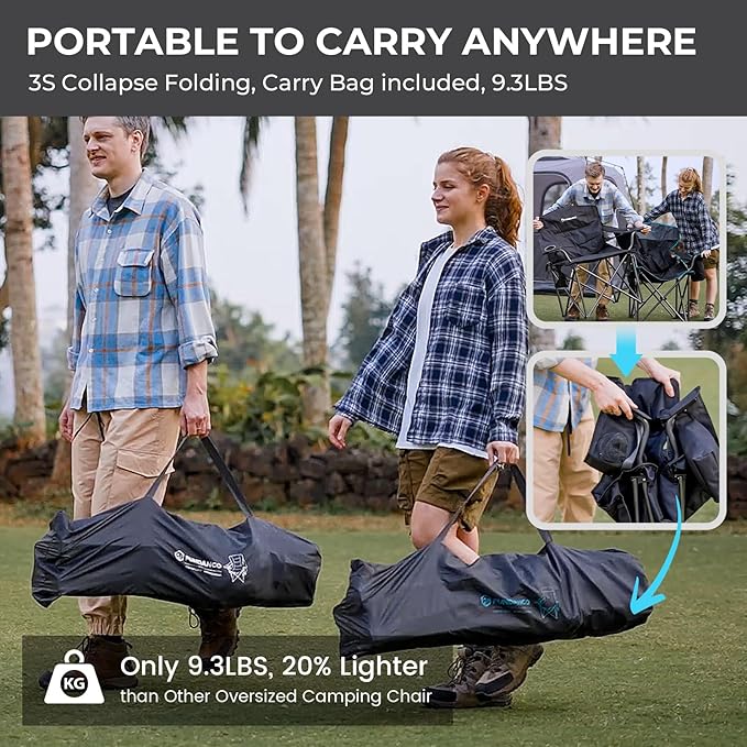 FUNDANGO Oversized Camp Chair, 2 Pack,550lbs Heavy Duty Portable Foldable Lawn Chair with Padded Lumbar Support Seat & Back, 4-can Cooler & Cup Holder, Carry Bag Included for Outdoor (Black/Grey)