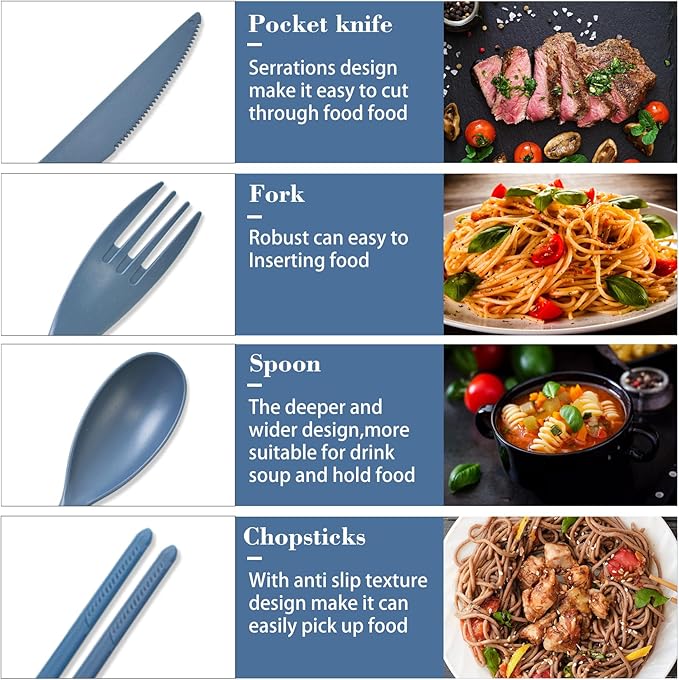 Large Reusable Travel Utensils Set with Case, Plastic Set for Adults Travel Picnic Camping, Portable Flatware Cutlery Set with Chopsticks for Daily Use(Dark Blue)