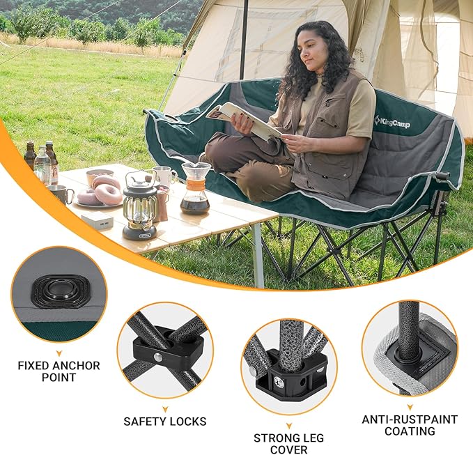 KingCamp 3 Person Camping Chair, Oversized 1100lbs Heavy Duty Loveseat for Adults Portable Folding XL 2 Person Couch Padded Comfortable Three Seat with Cup Holder for Outdoor Lawn Backyard, Green/Grey