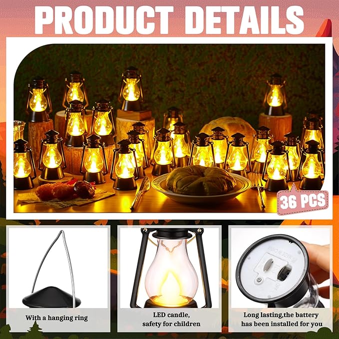 Ferraycle 36 Pcs Mini Lantern for Centerpiece Western Wedding Decor 4 Inch Camping Decorative with LED Candle Vintage Hanging Lantern Ornaments Bulk for Cowboy Cowgirl Xmas Party Decoration (Black)