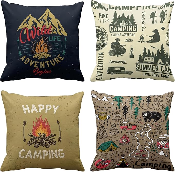Emvency Set of 4 Throw Pillow Covers Camp with Mountain Campfire and Forest Camping Adventure Vintage Decorative Pillow Cases Home Decor Square 20x20 Inches Pillowcases