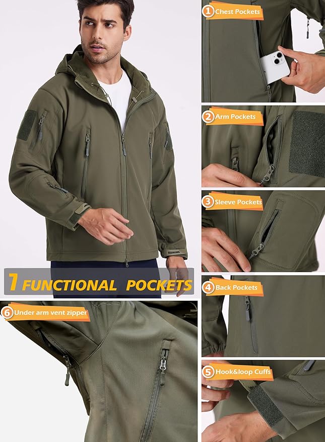 ReFire Gear Men's Army Special Ops Military Tactical Jacket Softshell Fleece Hooded Outdoor Coat