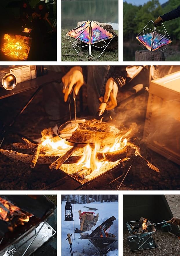 CAMPINGMOON 3 in 1 Portable Fire Pit 12 inch Foldable Stainless Steel Wood Burning Camping Stove BBQ Grill for 3 People Adjustable Height Outdoor Cooking Campfire Carry Bag included MT-035