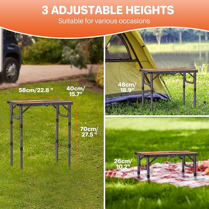 FUNYKICH 2ft Small Folding Camping Table(22.8'' Lx15.7'' W), 3 Height Adjustable Portable Picnic Table, Lightweight Aluminum Outdoor Table with Carry Handle for Camping, BBQ, Beach, Picnic, Brown