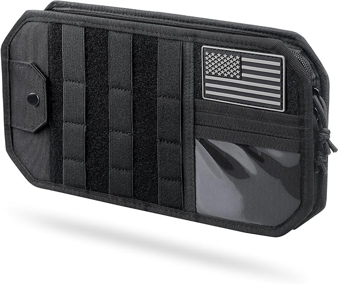 Molle Car Sun Visor Organizer with Zipper Storage Pouch & Glasses Holder, Auto Semi-Rigid MOLLE Panel for Police Gear & Overland Accessories, Fit Most Cars, Trucks, Patrols & Vans