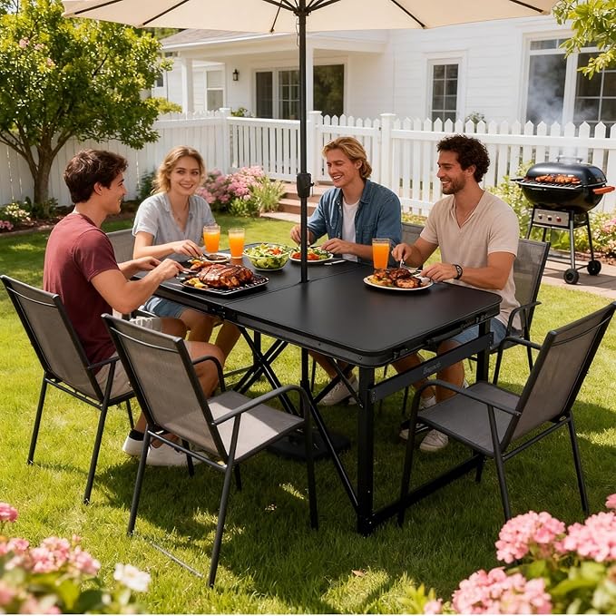 4FT x 2FT Folding Camping Table Adjustable Height with Umbrella Hole, Aluminum Alloy Legs Foldable Portable Outdoor Table for Picnic, Travel, Parties, Kids Craft, Market Vendor Use