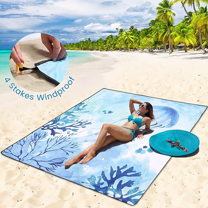 HIHOHO Beach Blanket Waterproof Sandproof Beach Mat for 1-8 Adults Quick Drying Durable Outdoor Picnic Mat for Beach Festival Travel Camping Hiking (Jellyfish, 79"×83"(4 Person))