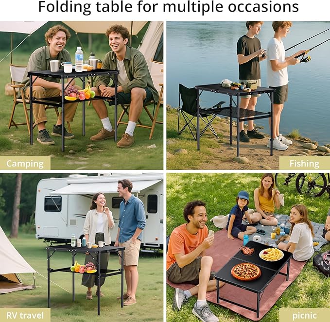 Anbte 3ft Camping Table Foldable with Storage Net, 3 Heights Max 29.5" Aluminum Camping Table with Portable Handle, Lightweight, for Travel Outdoor Beach Picnic Patio Indoor, 36" x 24", Pure Black