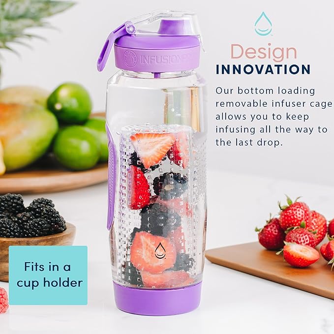 Infusion Pro 32 oz Fruit Infuser Water Bottle with Straw Lid : Insulated Sleeve : 50 Recipe Fruit Infusion eBook : Bottom Loading, Large Water Infuser for More Flavor : Unique Gift Idea