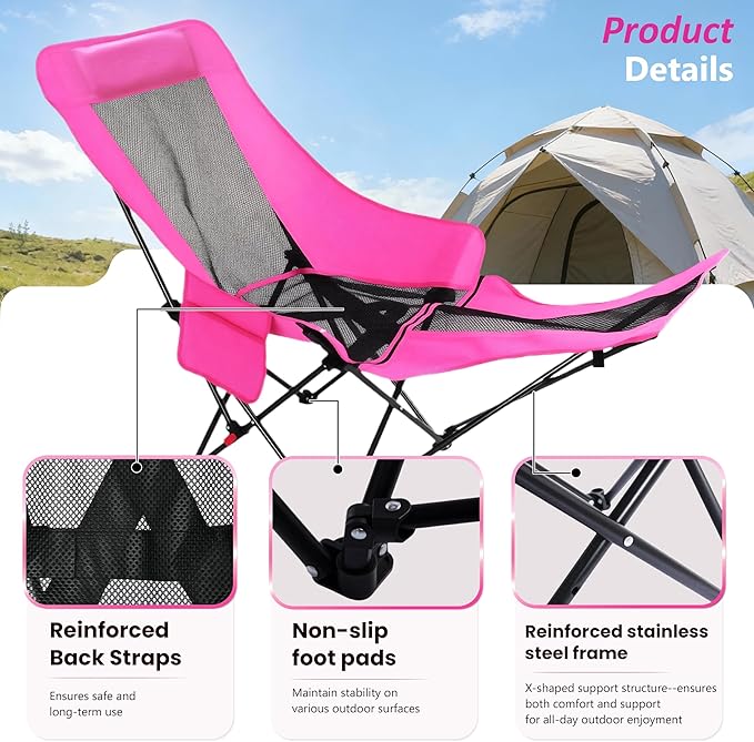 Hot Pink Reclining Camping Chair with Footrest, Portable Folding Lounge Chair, 4-Position Adjustable Folding Camping Chair With Headrest & Storage Bag for Outdoor Lawn, Hiking, Picnic, Fishing