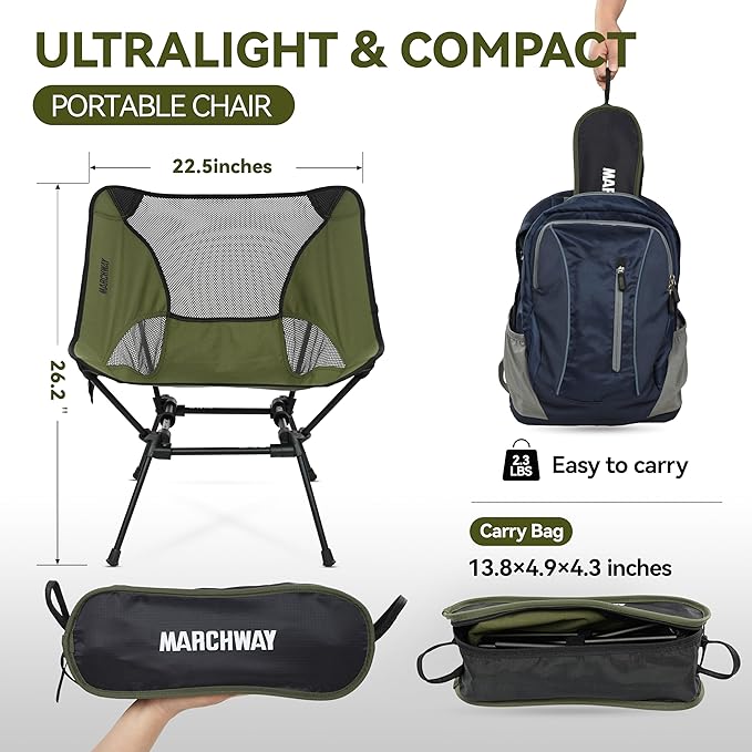 MARCHWAY Ultralight Folding Camping Chair, Heavy Duty Portable Compact for Outdoor Camp, Travel, Beach, Picnic, Festival, Hiking, Lightweight Backpacking (Green)