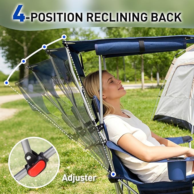 East Oak Reclining Camping Chair with Canopy & Foot Rest | 4-Position Folding Beach Chair with Adjustable Canopy, Detachable Foot Rest, Supportive Headrest, 330 lbs Canopy Chair