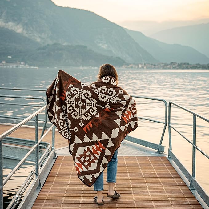 ACUSHLA Merino Wool Camp Blanket - Soft Warm Thick Washable Large Bed Couch Outdoor Camping Sleeping Travel Throw Blanket All Weather, Aztec Brown 79X63