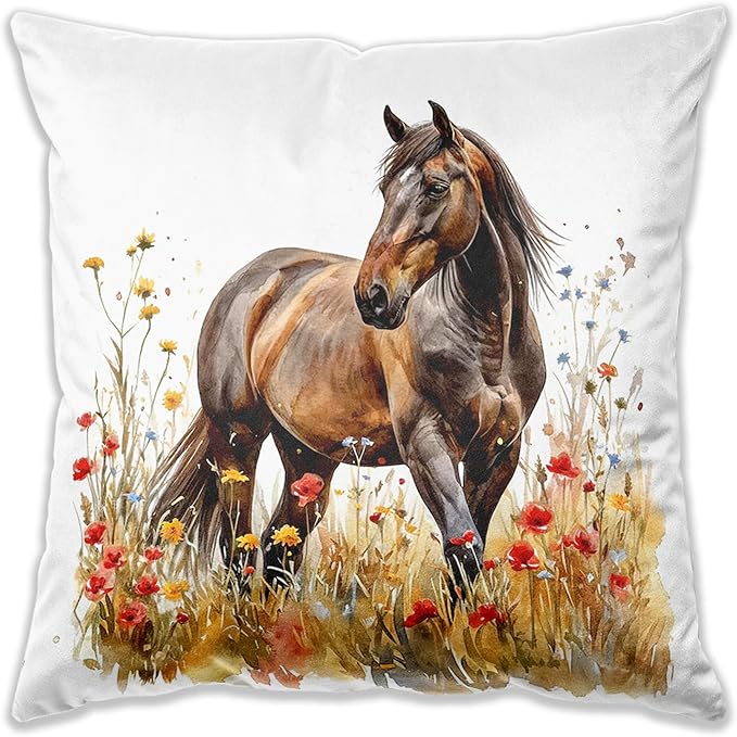 Farmhouse Horse Throw Pillow Cover 18x18, Country Wildflowers Horse Pillows Covers，Horses Gifts for Women Girl Horse Lovers，Cottagecore Animal Farm Field Decor