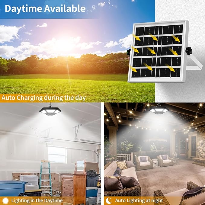 Aqonsie Solar Shed Light Indoor Outdoor Solar Powered Pandent Daytime Work Lights with 5 Lighting Modes & 3 Timers, 180LED Solar Indoor Lights Motion Sensor with Remote Control for Shed Barn Garage