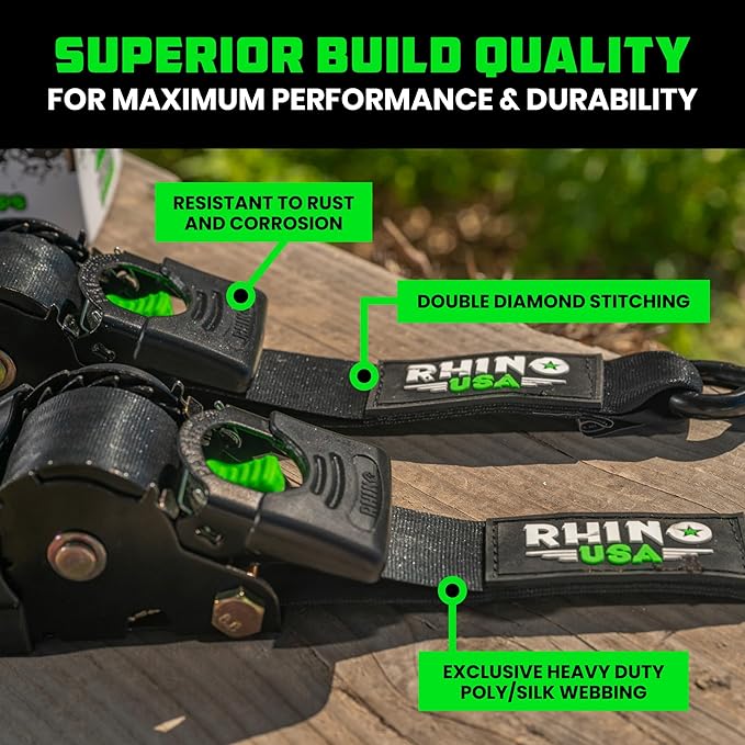 Rhino USA Retractable Ratchet Straps (4-Pack) - 2 Inch x 10 Feet (3,033lb Break Strength) - Heavy Duty Auto Self Retracting Tie Down Straps for Truck, Cargo Trailer, Motorcycle, Rad & More - Black