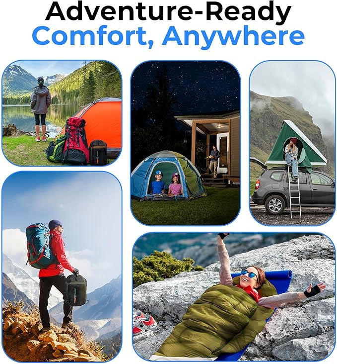 SereneLife Double Sleeping Bag with Pillows, Waterproof & Detachable for 2 Single Bags, Lightweight & Warm, Perfect for Camping, Hiking, Backpacking, and Cold Weather, Suitable for Temperatures 5-10°F