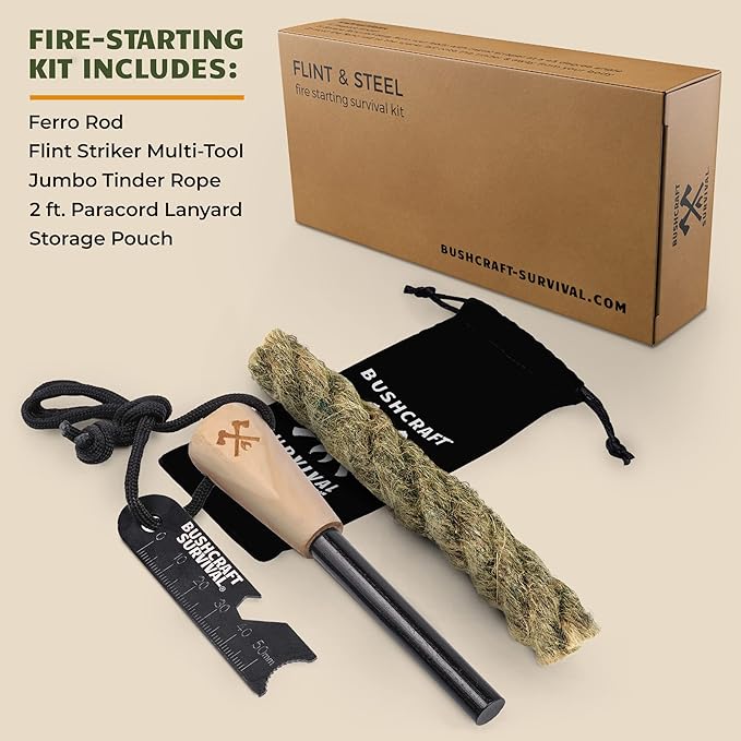 Bushcraft Survival Ferro Rod Fire Starter Kit & Backpacking Multitool | Flint and Steel Striker | Waterproof Magnesium Farrow Rod Tool & Firestarter for Campfires