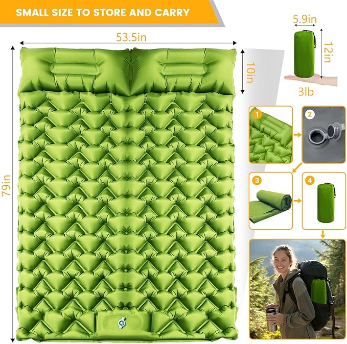 Ultralight Double Sleeping Pad for Camping, 4" Thick Inflatable Camping Mat with Built-in Foot Pump & Pillow for Backpacking, Hiking, Travel, Tent, Car