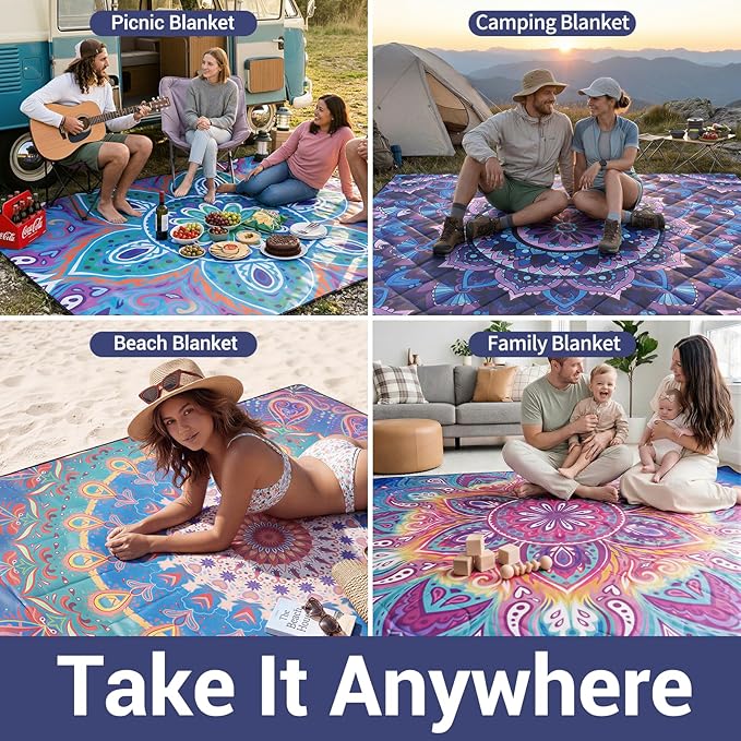60x80" Picnic Blankets Outdoor XL Giant Waterproof Sandproof Beach Blanket Lightweight Foldable Camping Sand Mat Summer Glamping Camp Equipment Gifts Travel Trailer Hawaii Vacation Accessories