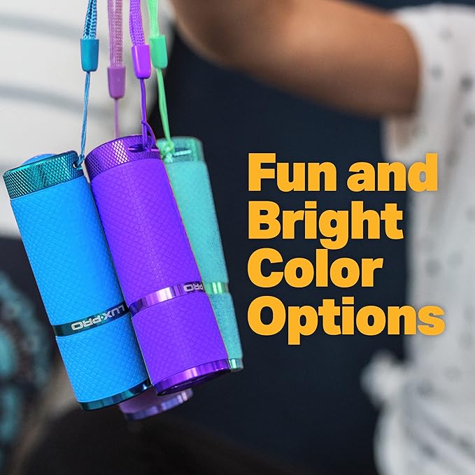 LUXPRO 3 Pack Mini Flashlights - LP395 Gel Glow in Dark - Aluminum LED Flashlights with Maximum Brightness of 40 Lumens - IPX4 Water Resistant - 3 AAA Batteries Included - Purple, Blue & Teal
