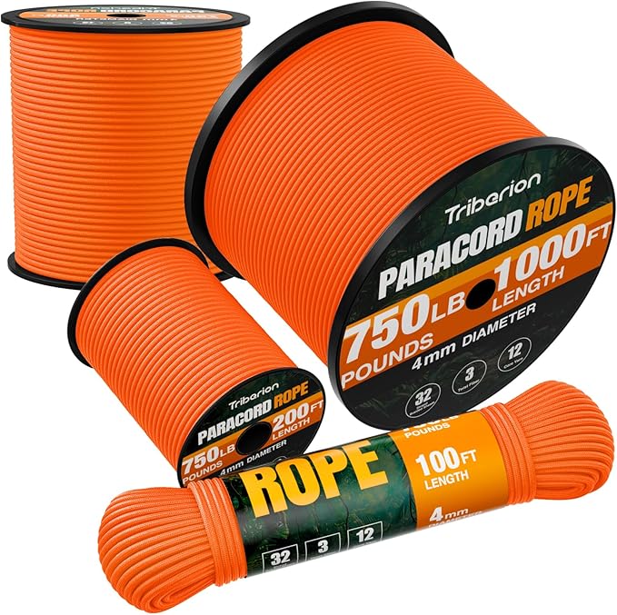 Paracord Rope 750 lb - 100ft 5/32" Parachute Cord 4MM 12-Strand para Cord - Heavy Duty Spool String for Survival,Camping Gear, Survival Bracelet, Clothesline - Orange