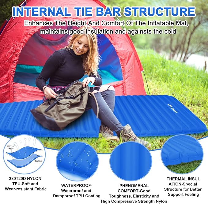 Camping Sleeping Pad, Ultralight Waterproof Inflatable Sleeping Mat with Inflation Bag, Lightweight Portable Compact Air Mattress for Outdoor Backpacking Hiking Traveling Tent Use (Single, Blue)