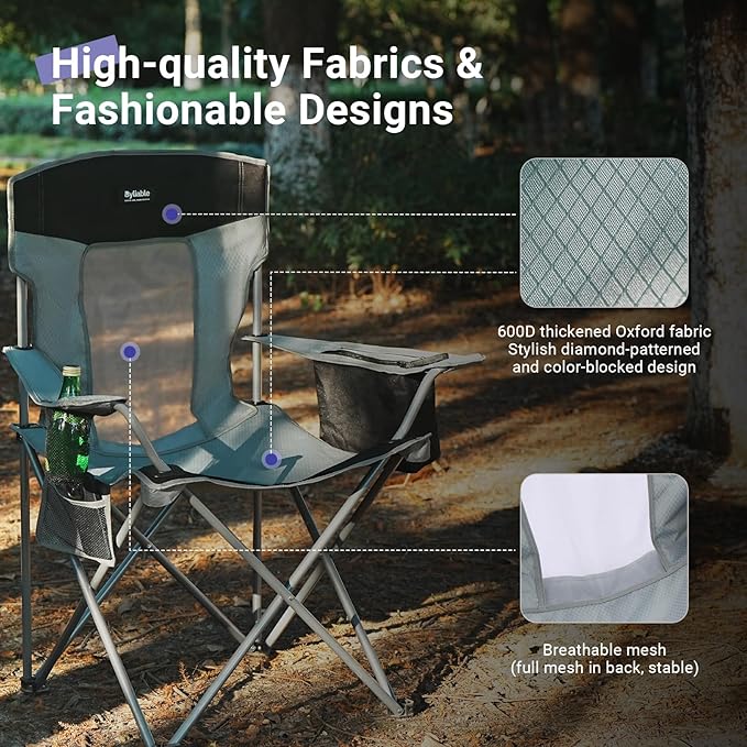 Camping Folding Chair Outdoor Lawn Portable Lightweight Camp Folding Chairs for Adult Outside with Cup Holder, Cooler Pouch & Side Pocket for Camping, Beach, Fishing, Sports or Tailgating Events, Grey