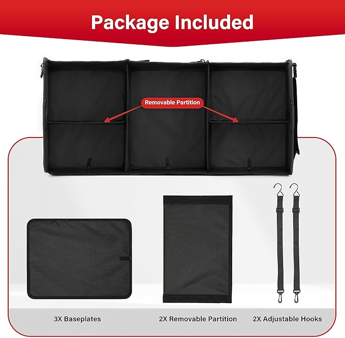 Simple Deluxe Car Trunk Organizer, Multi Compartments Collapsible Trunk Storage, Anti-slip, Waterproof 600D Oxford Polyester, with Adjustable Straps for SUV, Minivan, Truck, Large Size, Black New