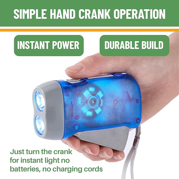Evelots Hand Crank Emergency Flashlights -12 Pack- Camping, Home, Car - Double LED Bright Lights - Great for Hiking, Outdoor Sports, Power Outage Easy to Use