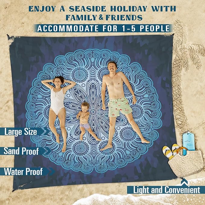 Famstar Beach Blanket Sandproof Waterproof 78''×81'' 1-5 Adults Oversized,Compact Lightweight Durable Beach Mat for Travel Camping Hiking Picnic Blanket