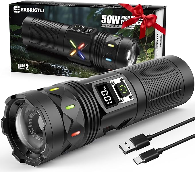 Flashlights High Lumens 100000 Rechargeable, Super Bright 50W LED, Long Running 15 Hours, USB C Input & USB Output, Zoomable 3 Modes, Powerful Strong Flash Light for Home Hiking Camping
