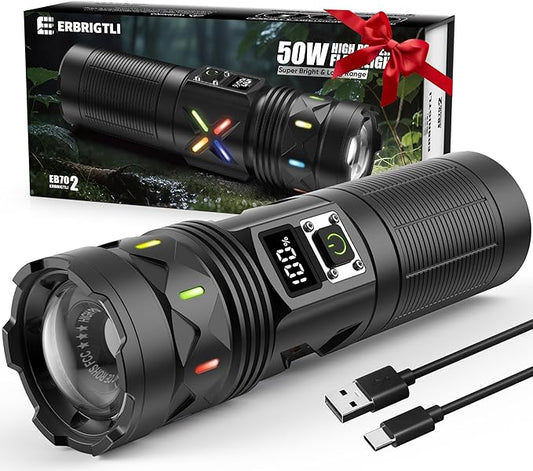 Flashlights High Lumens 100000 Rechargeable, Super Bright 50W LED, Long Running 15 Hours, USB C Input & USB Output, Zoomable 3 Modes, Powerful Strong Flash Light for Home Hiking Camping