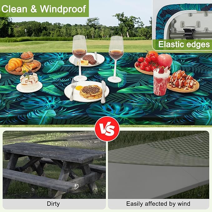 Picnic Table Cover with Bench Covers Portable Table Cloth Built-in Storage Pocket Fitted Tablecloth with Elastic Edges Waterproof Camping Essentials for Indoor Outdoor Rv,72in,Teal