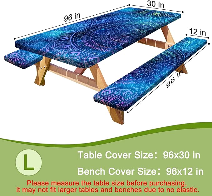 Picnic Table Cover with Bench Covers Portable Table Cloth Built-in Storage Pocket Fitted Tablecloth with Elastic Edges Waterproof Camping Essentials for Indoor Outdoor Rv,96in,Blue Purple