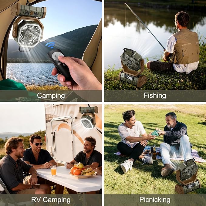 Odoland 30000mAh Camping Fan with LED Lantern, Rechargeable Battery Operated Oscillating with Remote Hook, Portable Tent Fan with Timer, 4 Speeds for Outdoor RV Jobsite Power Outage, Brown