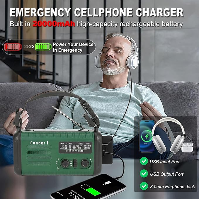 20000mAh/ 74000mWh Hand Crank Emergency Radio, AM/FM/NOAA Weather Radio, Battery Powered Solar Radio with USB Phone Charger, Reading Lamp Flashlight & SOS for Emergency (Army Green)