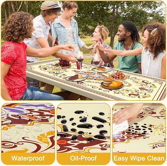 Picnic Table Cover with Bench Covers Portable Table Cloth Built-in Storage Pocket Fitted Tablecloth with Elastic Edges Waterproof Camping Essentials for Indoor Outdoor Rv,72in,Brown